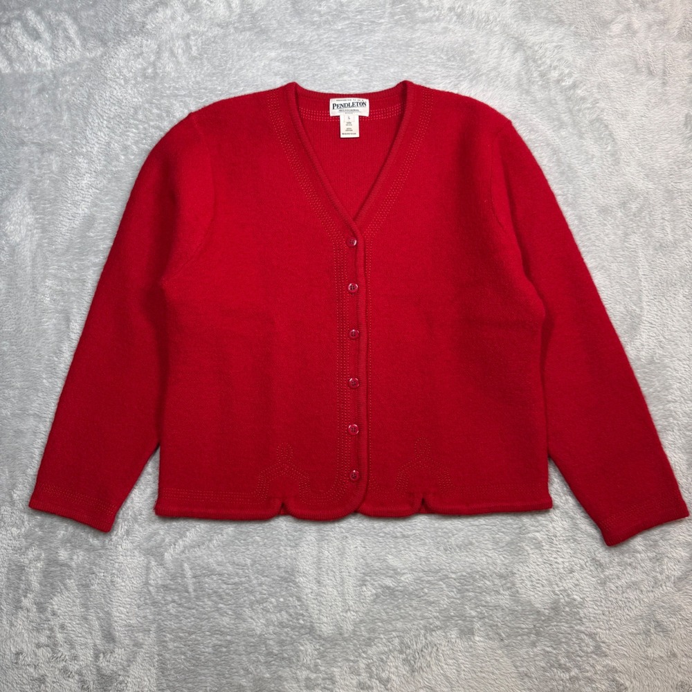 Pendleton Cardigan Sweater Womens L Red Wool V Neck Button Up Knit 90s